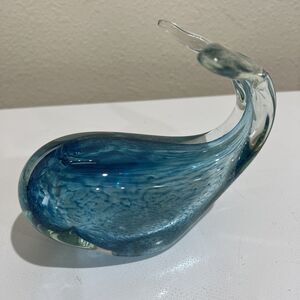 Vintage Hand blown Ice Blue Art Glass Whale Paperweight 7” Long Collectible 90s